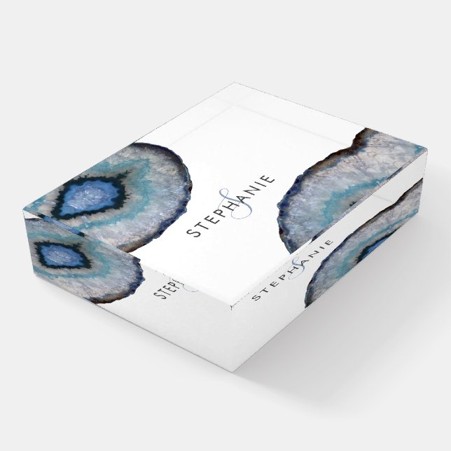 Elegant Blue Gray Agate Geode Monogram Paperweight (Angled)