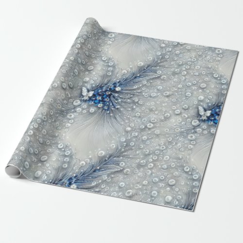 Elegant Blue Gray and White Feathered Bejeweled Wrapping Paper