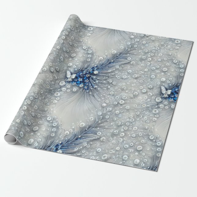 Elegant Blue, Gray, and White Feathered Bejeweled Wrapping Paper (Unrolled)