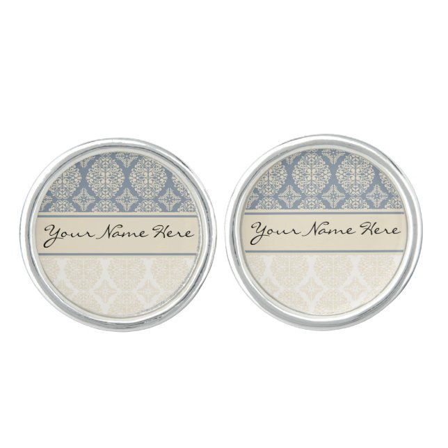 Elegant Blue Gray & Cream Double Damask Cufflinks (Front)