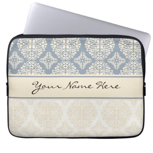 Elegant Blue Gray  Cream Double Damask Laptop Sleeve