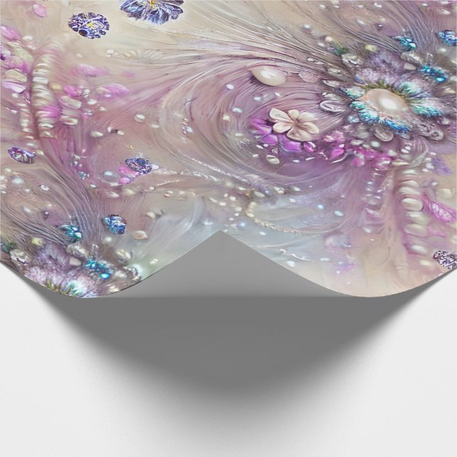 Elegant Blue, Gray, Feathers, Beads, Pearls, Light Wrapping Paper (Corner)