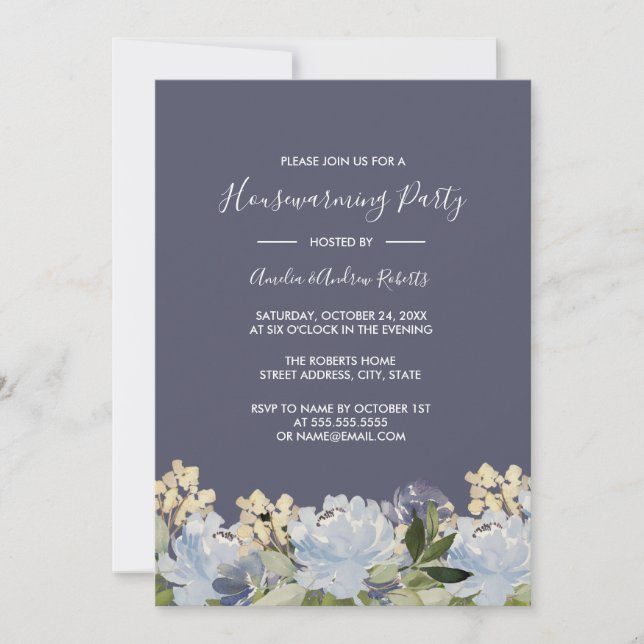 Elegant Blue Gray Floral Garden Housewarming Invitation (Front)