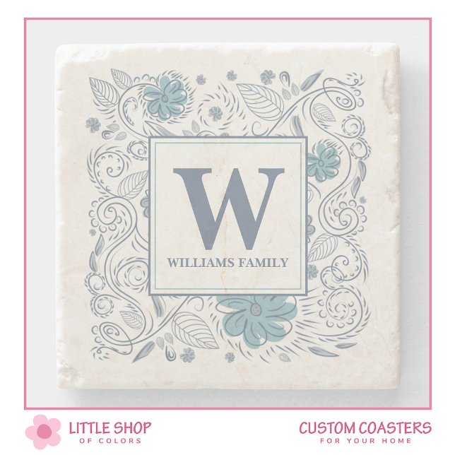 Elegant Blue Gray Floral Monogrammed Stone Coaster (Creator Uploaded)