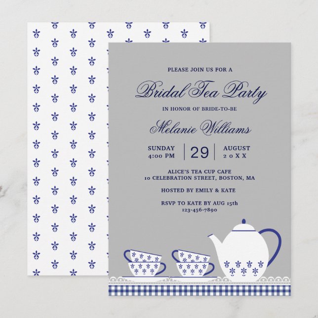 Elegant Blue Gray Floral Tea Party Bridal Shower Invitation (Front/Back)