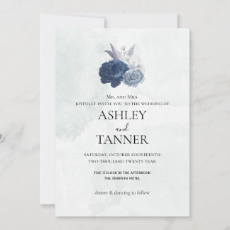 Elegant Blue & Gray Floral Wedding Invitation