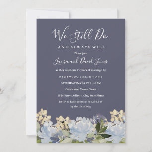 Elegant Blue Gray Floral Wedding Vow Renewal Invitation