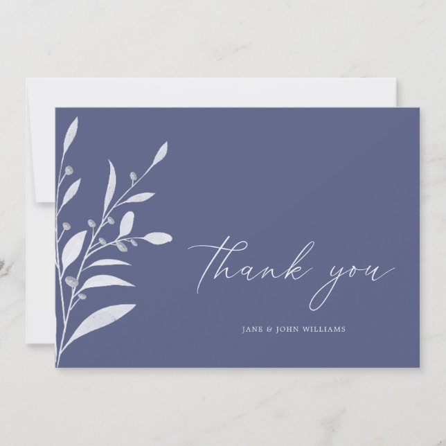 Elegant Blue Gray Foliage Wedding Thank You Card (Front)