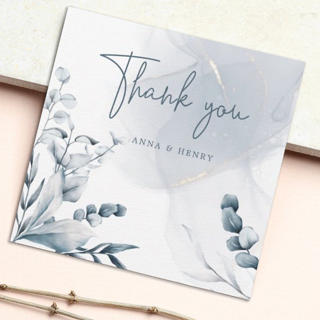 Elegant Blue Gray Foliage Wedding  Thank You Card (Appreciate your guests by sending this unique card)
