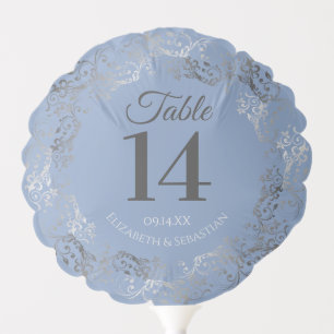 Elegant Blue & Gray Frilly Wedding Table Number Balloon