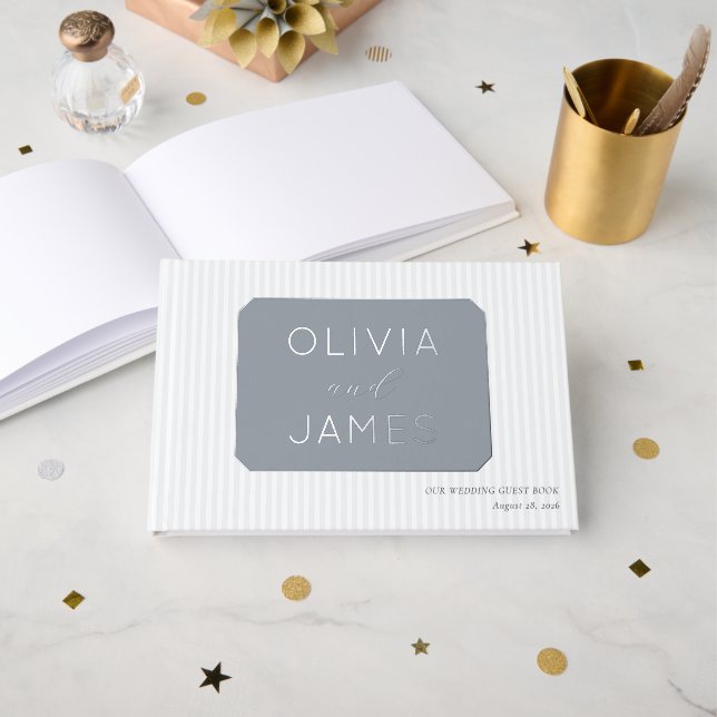 Elegant Blue Gray Geometric Foil Guest Book (Front Open)