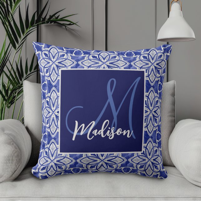 Elegant Blue Gray Geometric Initial Monogram Throw Pillow (Creator Uploaded)