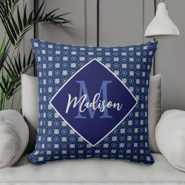 Elegant Blue Gray Initial Monogram Gift Throw Pillow (Creator Uploaded)