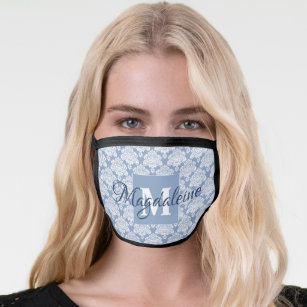 Elegant Blue Gray Lacy Damask Monogrammed Face Mask