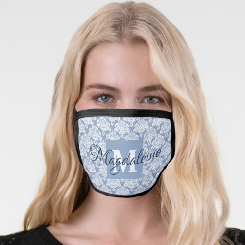 Elegant Blue Gray Lacy Damask Monogrammed Face Mask