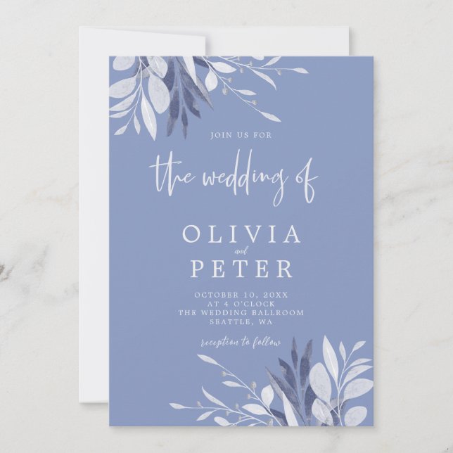 Elegant Blue Gray Leaves Botanical Wedding  Invitation (Front)