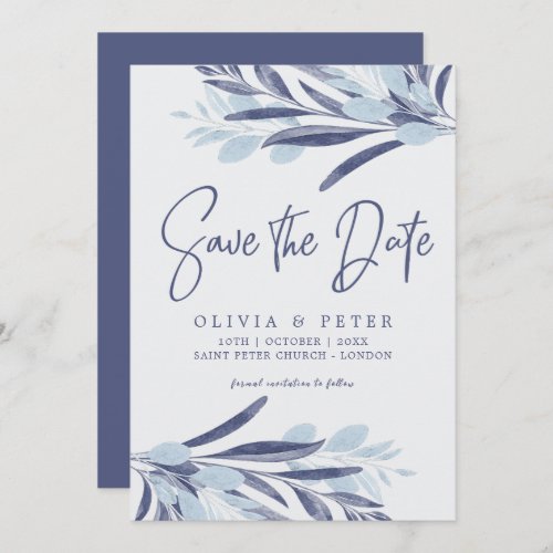 Elegant Blue Gray Leaves Botanical Wedding  Save The Date