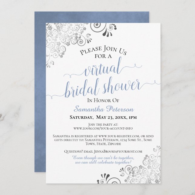 Elegant Blue & Gray on White Virtual Bridal Shower Invitation (Front/Back)