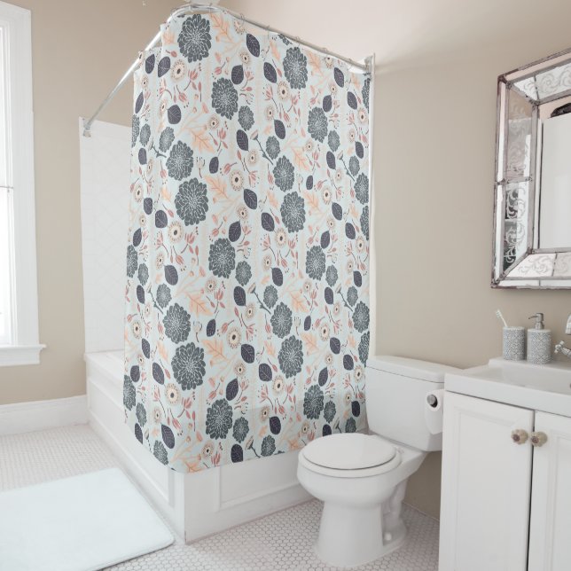 Elegant Blue Gray Peach Floral Pattern Shower Curtain (In Situ)