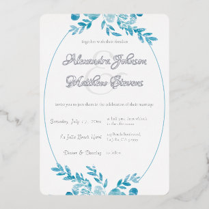 Elegant Blue Gray Photo Silver Floral Wedding Foil Invitation