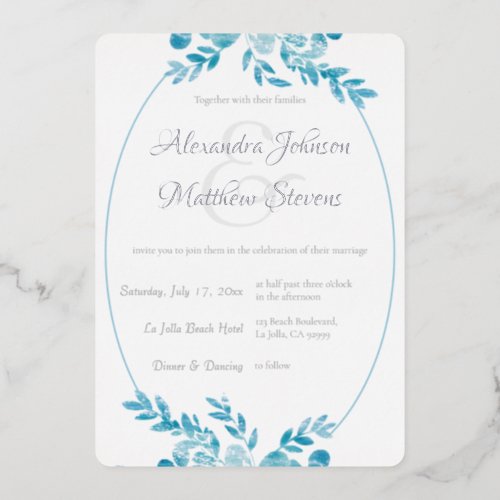 Elegant Blue Gray Photo Silver Floral Wedding Foil Invitation