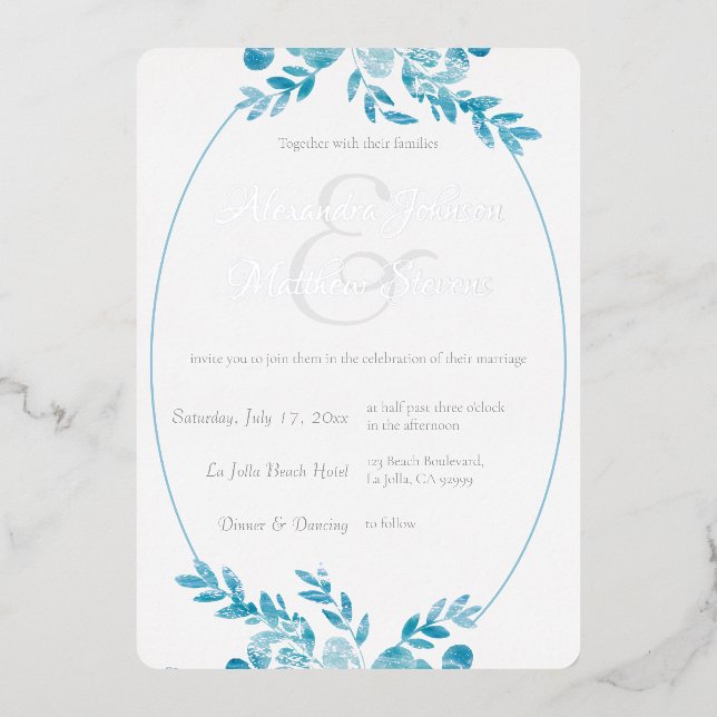 Elegant Blue Gray Photo Silver Floral Wedding Foil Invitation (Front)