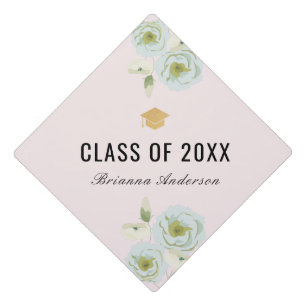 Elegant Blue Gray Roses Blush Pink Graduation Cap Topper