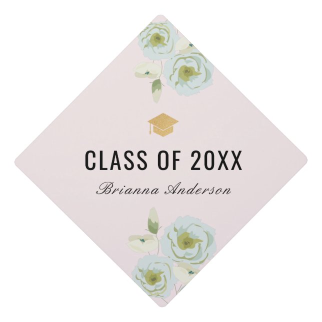 Elegant Blue Gray Roses Blush Pink Graduation Cap Topper (Front)