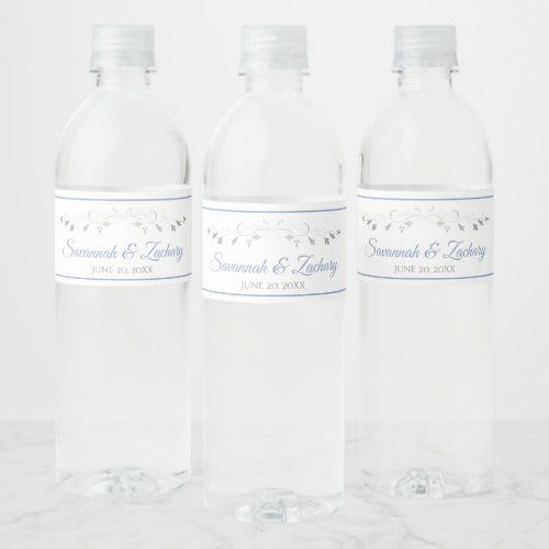 Elegant Blue  Gray Vintage Floral Border Wedding Water Bottle Label