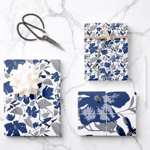 Elegant Blue Gray Watercolor Floral Pattern Wrapping Paper Sheets