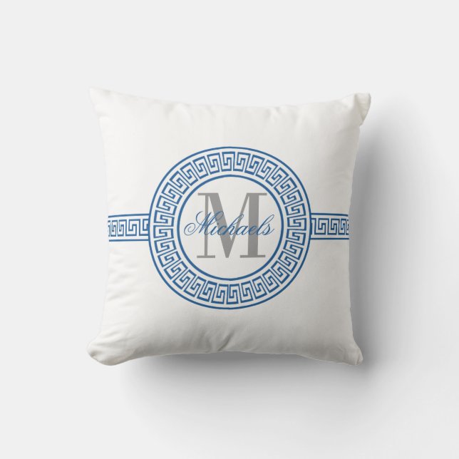 Elegant Blue Greek Key Monogram Pillow (Front)