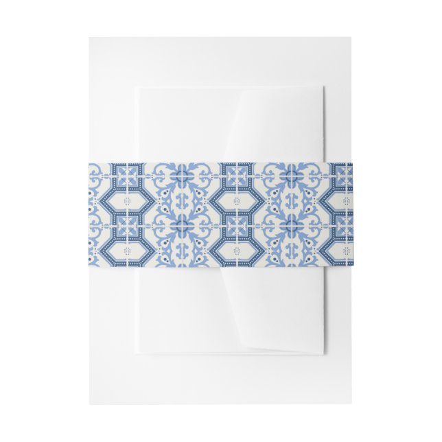 Elegant Blue Greek Tile Wedding Invitation Belly Band (Front Example)