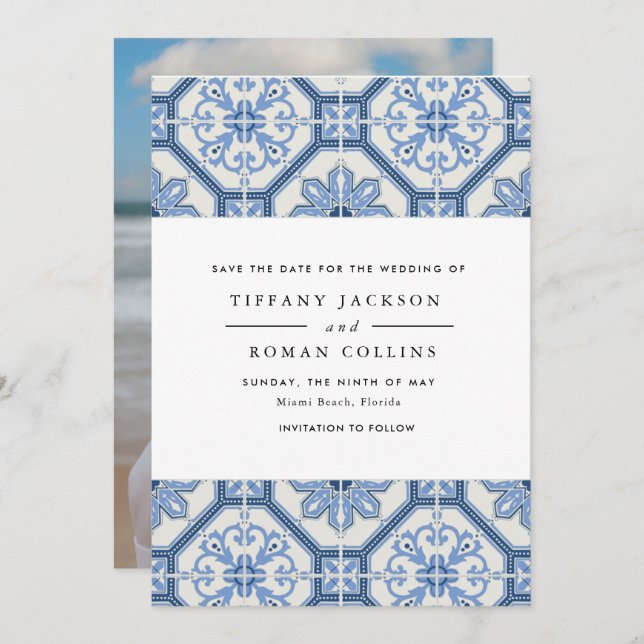 Elegant Blue Greek Tile Wedding Save The Date (Front/Back)
