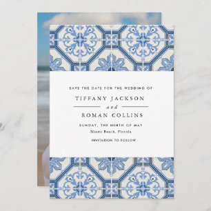 Elegant Blue Greek Tile Wedding Save The Date