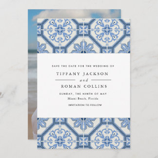 Elegant Blue Greek Tile Wedding Save The Date
