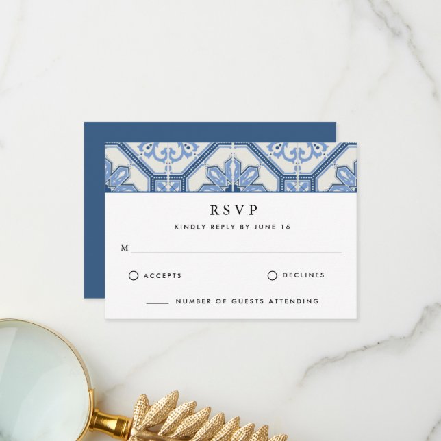 Elegant Blue Greek Tile Wedding Thank You Card (Front/Back In Situ)
