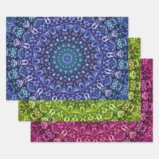 Elegant Blue Green and Purple Floral Damask  Wrapping Paper Sheets (Set)