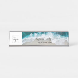 Elegant Blue Green Beach Custom Script Logo Desk Name Plate