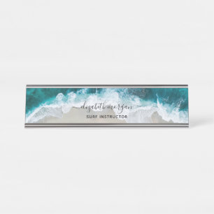 Elegant Blue Green Beach Script Surf Instructor Desk Name Plate