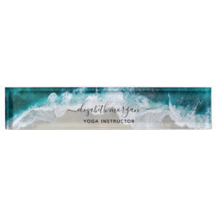 Elegant Blue Green Beach Script Yoga Instructor Desk Name Plate