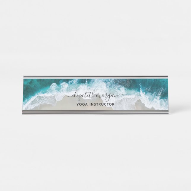 Elegant Blue Green Beach Script Yoga Instructor Desk Name Plate (Front)