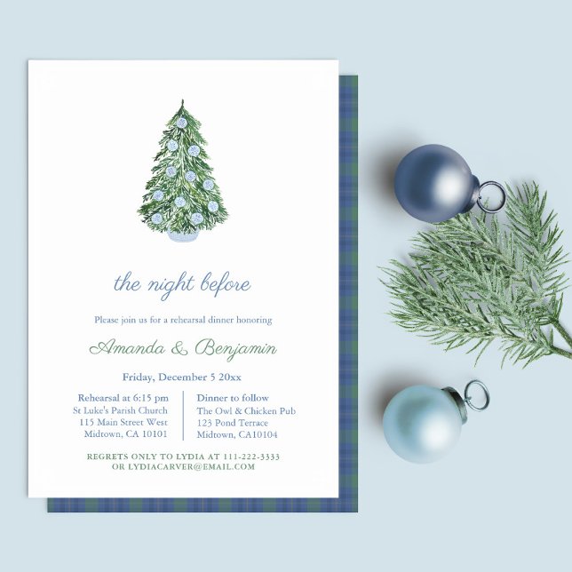 Elegant Blue Green Christmas Rehearsal Dinner Invitation (Blue And White Chinoiserie With Plaid Backer Christmas Wedding Rehearsal Dinner Invitation)