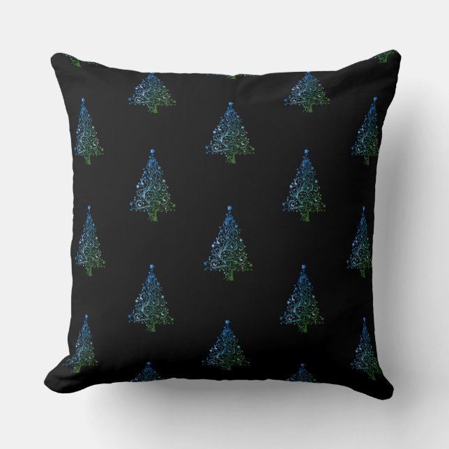 Elegant Blue Green Christmas Tree Pattern Black Throw Pillow (Front)