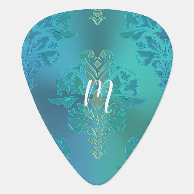 Elegant Blue Green Damask Guitar Pick (Front)