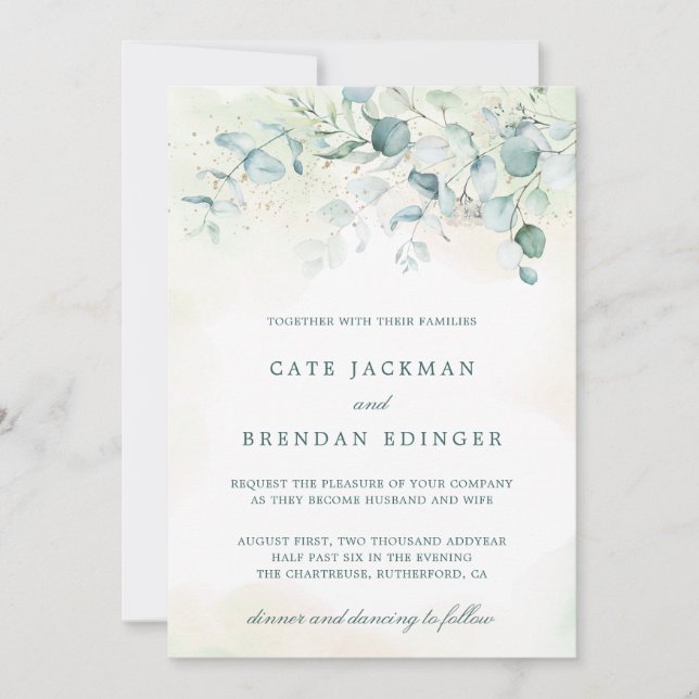Elegant Blue Green Eucalyptus Greenery Wedding Invitation (Front)
