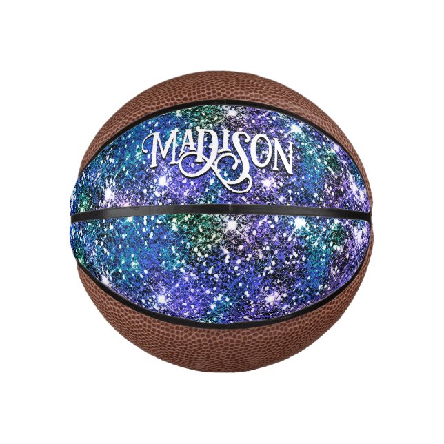 Elegant blue green faux Glitter monogram Mini Basketball (Front)