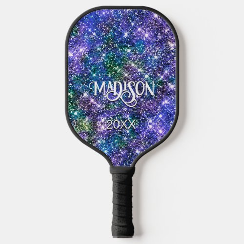 Elegant blue green faux Glitter monogram Pickleball Paddle