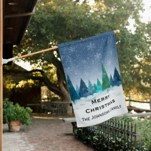 Elegant Blue & Green Fir Tree Winter Christmas House Flag
