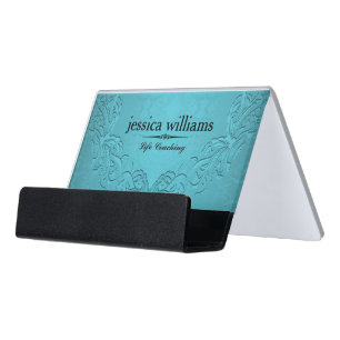 Elegant Blue-Green Floral Frame Desk Business Card Holder