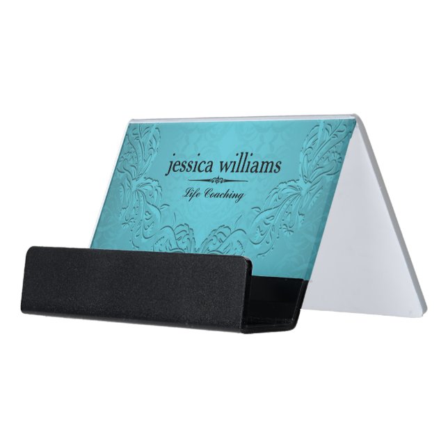 Elegant Blue-Green Floral Frame Desk Business Card Holder (Angled Front)